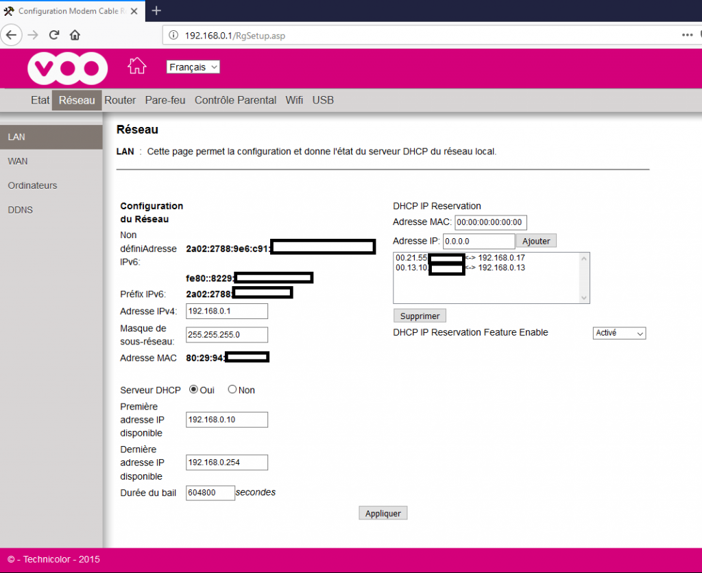 Modem Voo - Technicolor - DHCP IP reservation