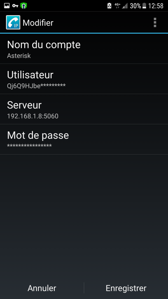 CSipSimple - Configuration Compte Asterisk