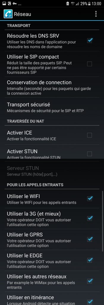 CSipSimple - Configuration Réseau