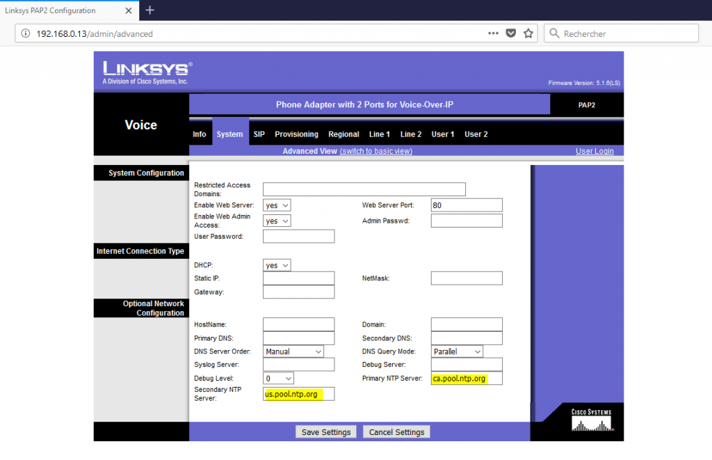 adaptateur PAP2T - system Tab - NTP server