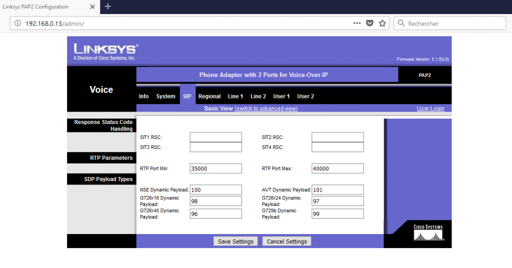 adaptateur PAP2T - SIP config RTP port