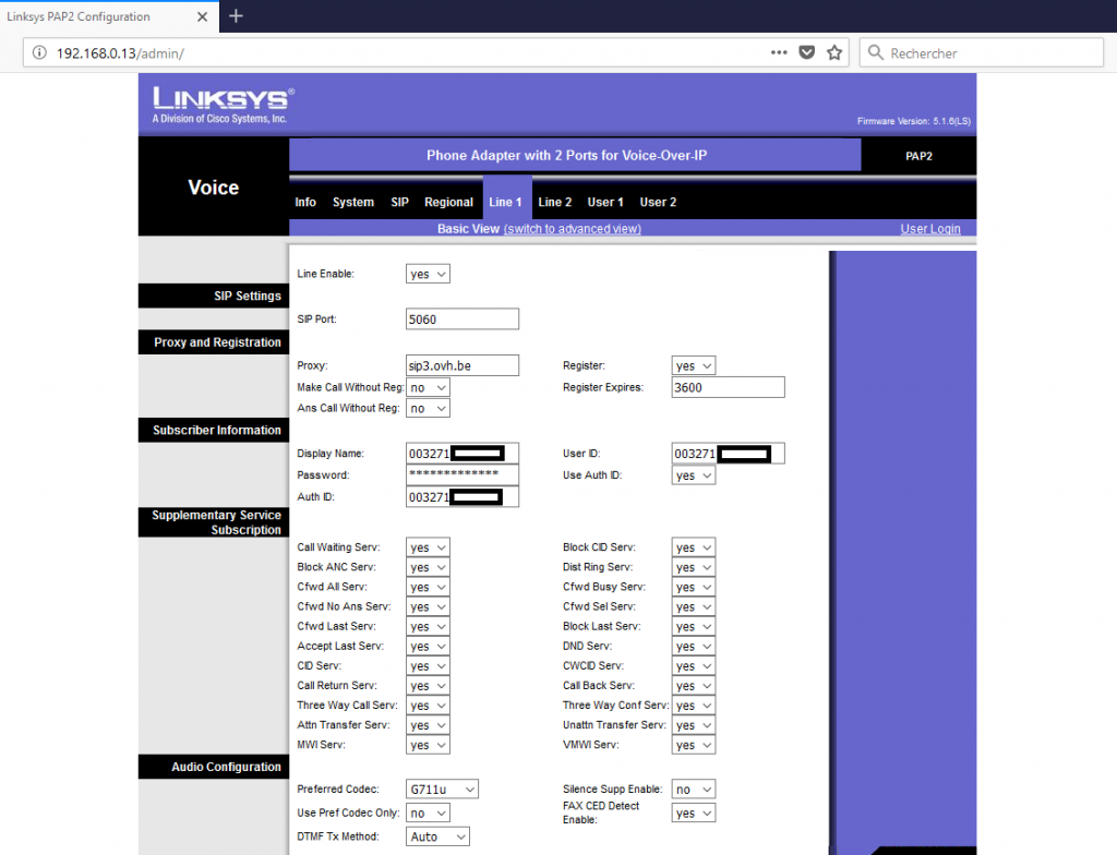 adaptateur PAP2T - line1 config