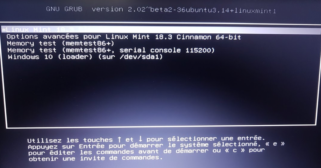 grub sélection de l'OS à démarrer