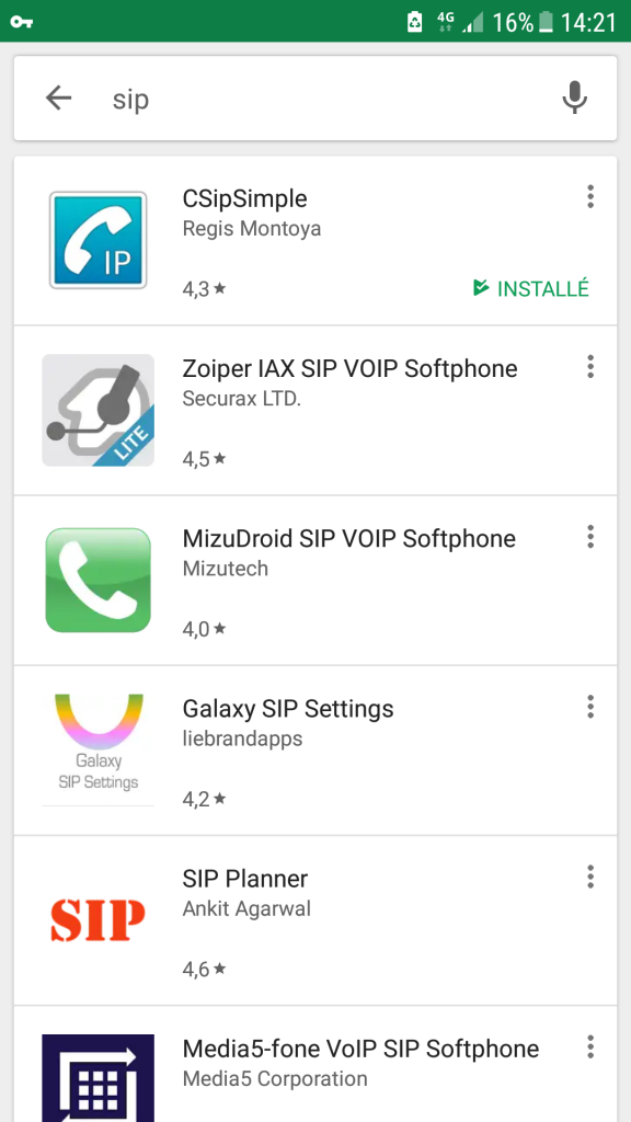 Recherche "sip" dans le market android