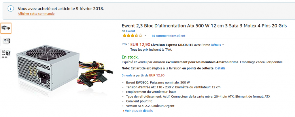 Alimentation ewent ATX 500W commandée sur Amazon