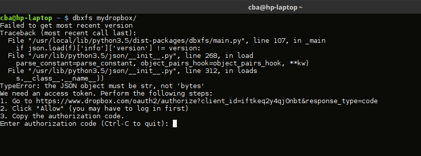 Dropbox sous Linux - demande de token