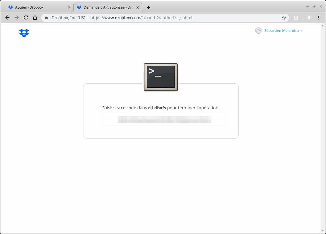 Dropbox sous Linux - Token après autorisations données