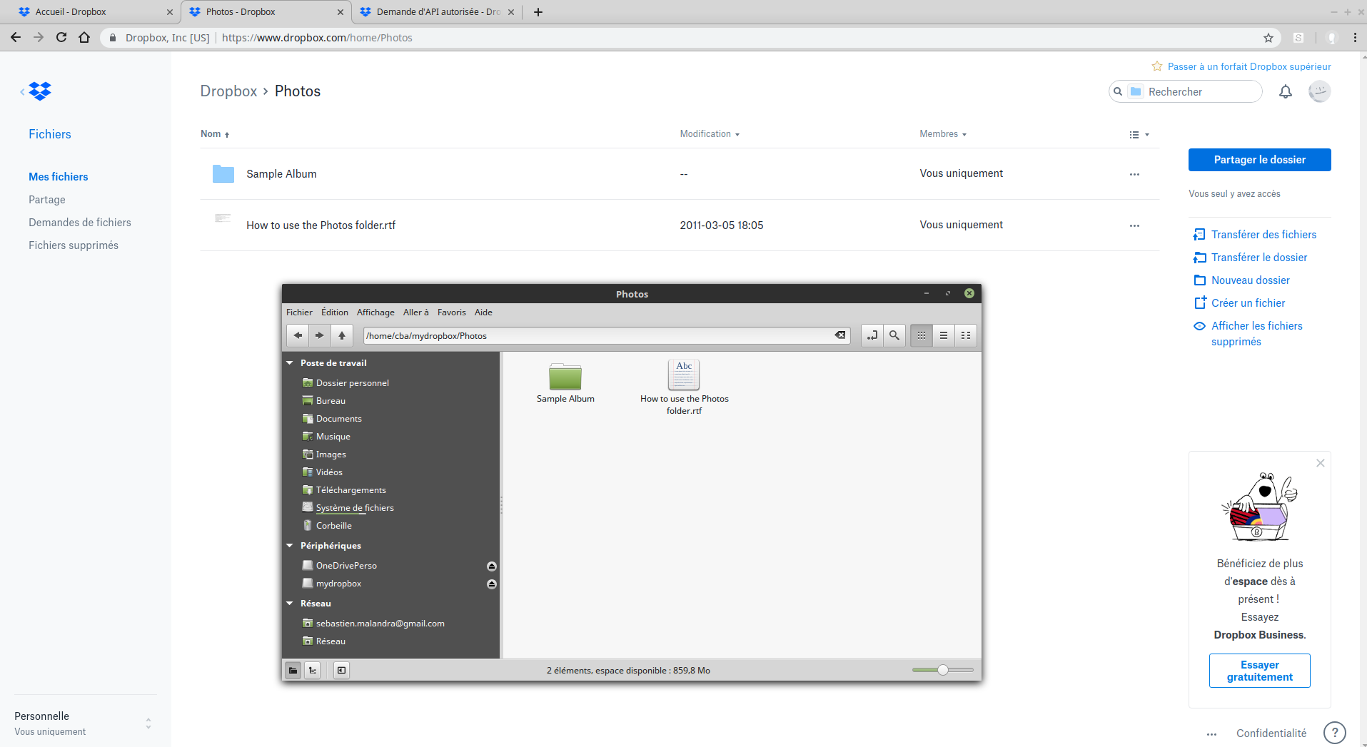 Dropbox sous Linux - comparaison explorateur de fichiers et navigateur web
