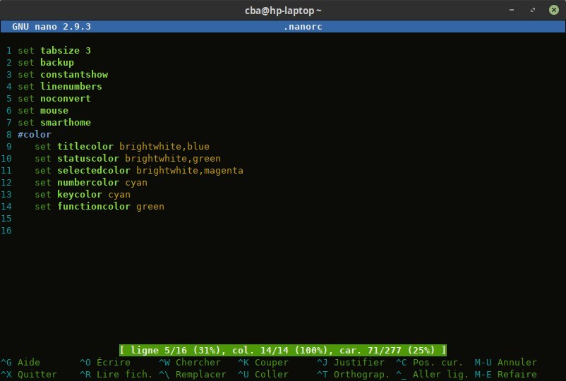 nano résultat avec notre configuration
