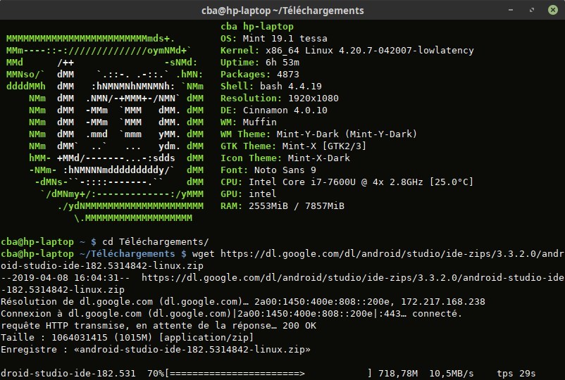 Téléchargement d'Android Studio 3.3.2 avec wget