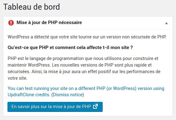 Tableau de bord - Avertissement pour migration vers PHP7