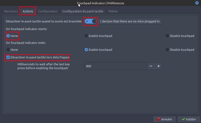 désactiver le TouchPad - Préférences TouchPad Indicator