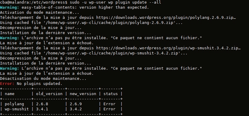 WP-cli: ce paquet ne contient aucun fichier